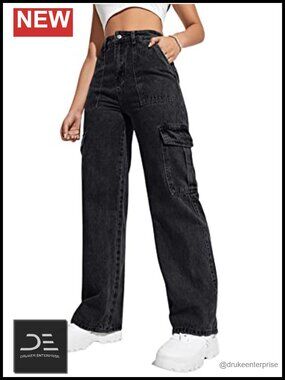 High Waist Wide Leg Cargo Jeans with Flap Pockets
